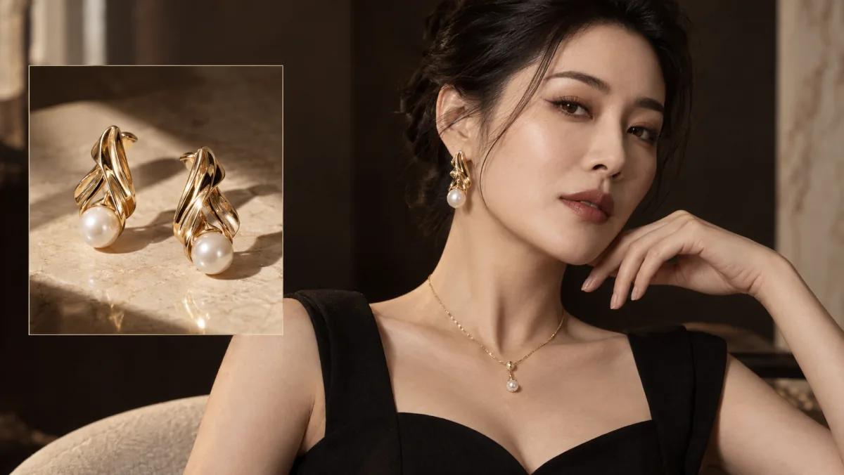 中国女性佩戴珍珠耳饰的试戴案例示意