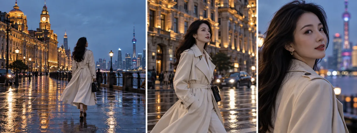 中国女性上海夜景故事的三镜头视频案例示意
